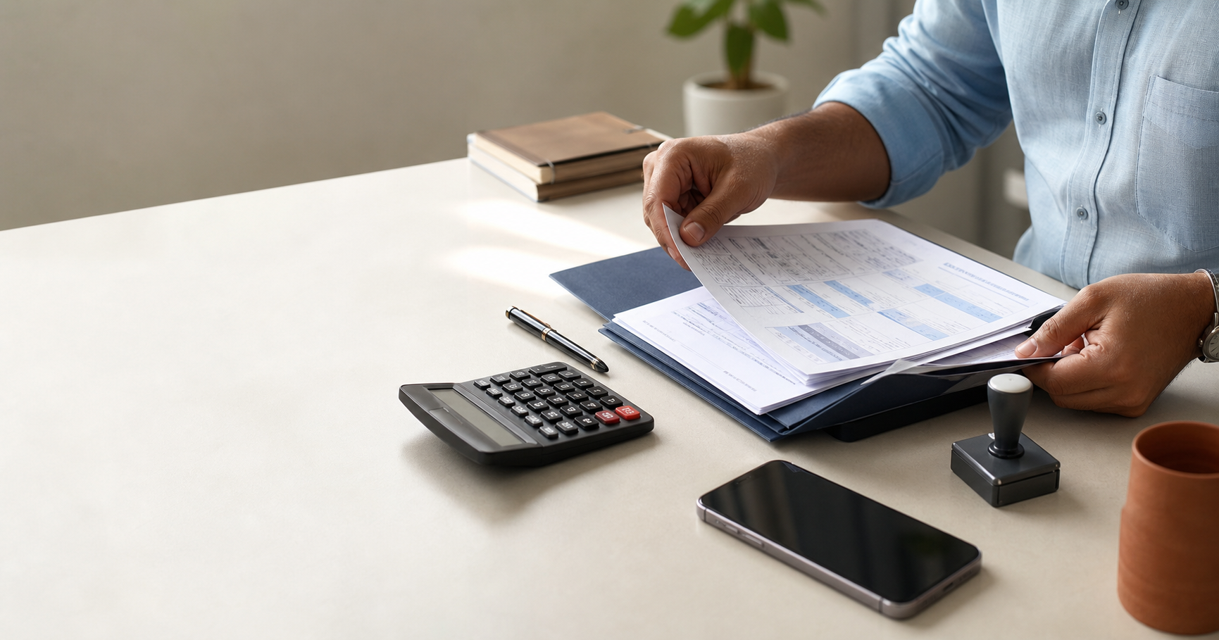 GST application documents being checked with a calculator